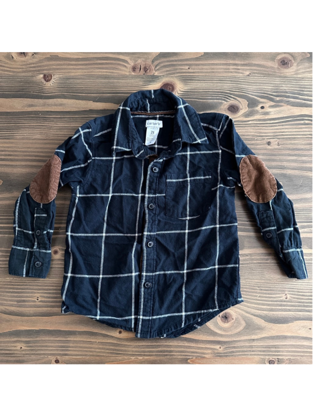 Carters Boys 2T Black Plaid Button Down Elbow Patches